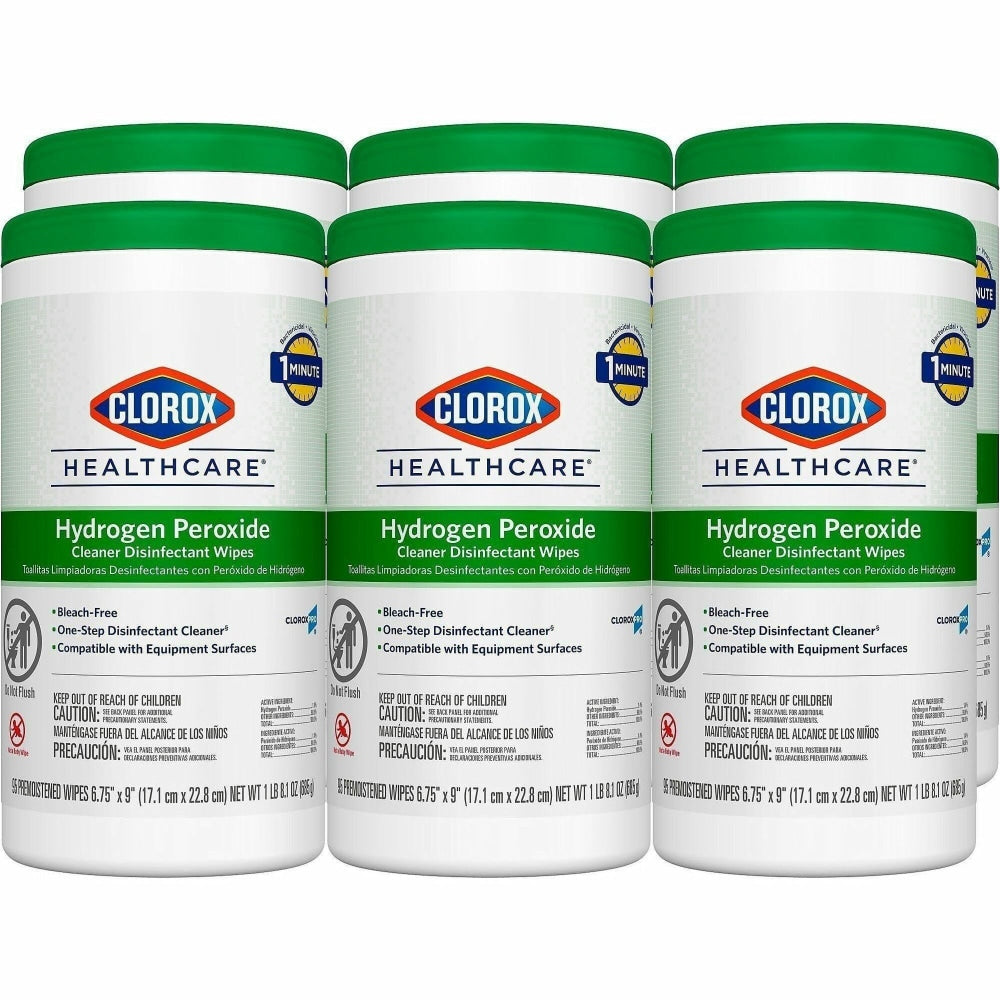 Clorox Healthcare Hydrogen Peroxide Cleaner Disinfectant Wipes - 9in Lx6.75in W - White - 95/Tub - 6/Carton - 30824CT