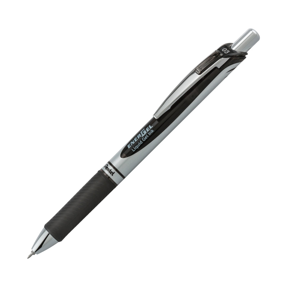 Pentel EnerGel RTX Retractable Liquid Gel Pens, Needle Point, 0.3 mm, Black/Silver Barrel, Black Ink, Pack Of 12