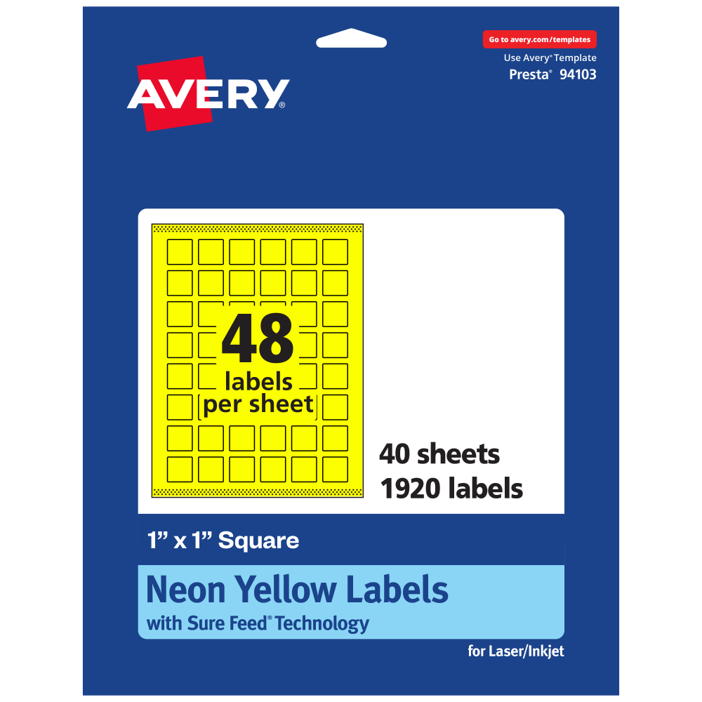 Avery Print-To-The-Edge Labels With Sure Feed Technology And Easy Peel Label Feature, 94103-NYP40, Square, 1in x 1in, Matte Neon Yellow, Pack of 1920