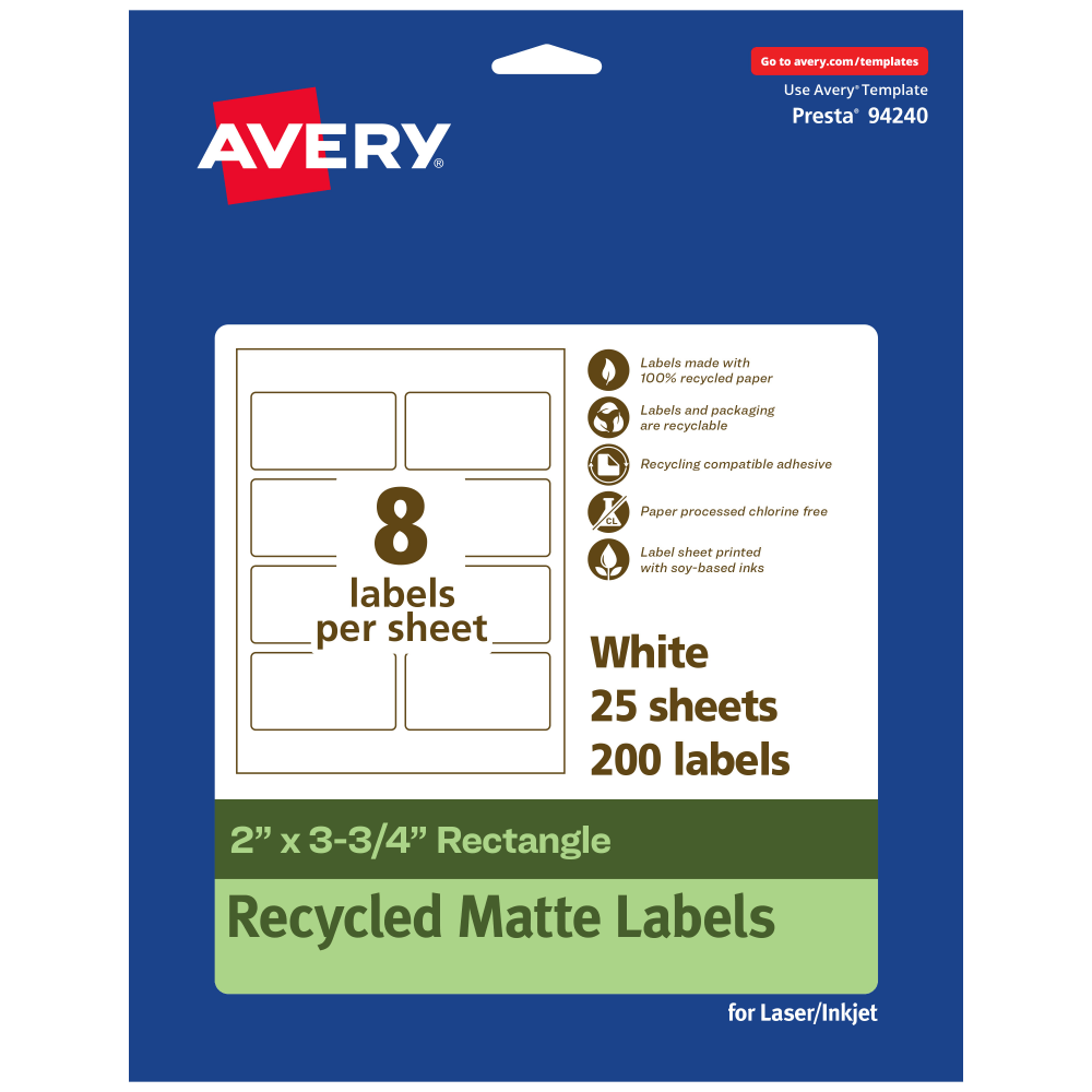 Avery Recycled Paper Labels, 94240-EWMP25, Rectangle, 2in x 3-3/4in, White, Pack Of 200