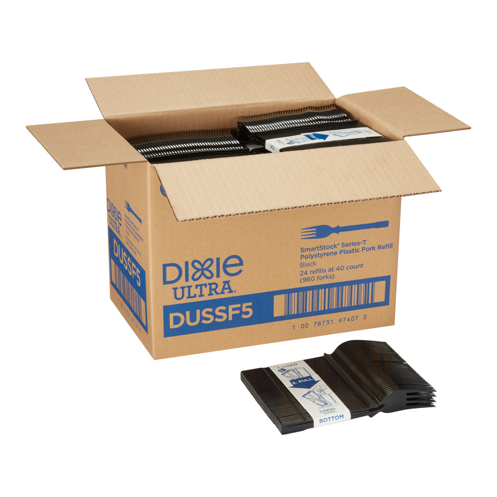 Dixie Ultra SmartStock T-Series Polystyrene Disposable Fork Refills, 6.45inL, Black, 40 Forks Per Pack, 24 Packs Per Case, 960 Forks
