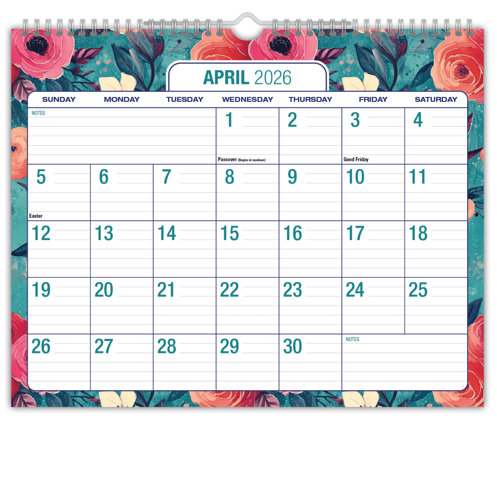 2026-2027 Excello Brands Academic Year Large Print Wall Calendar, 15in x 12in, Teal Floral, April To December, Total Qty 1