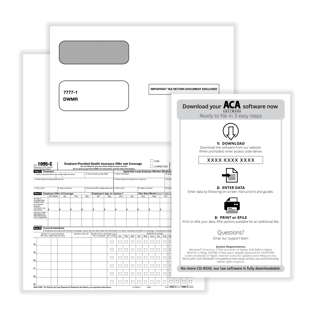 ComplyRight 1095-C Tax Forms Set, Employer-Provided Health Insurance Offer & Coverage Forms, Envelopes/Software, Set Of 100, AC1095E200S25