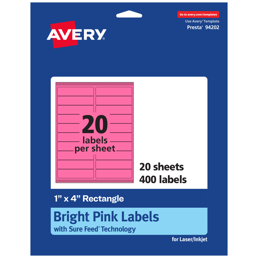 Avery Printable Labels With Sure Feed Technology, 94202-BPP20, Rectangle, 1in x 4in, Matte Bright Pink, Pack of 400