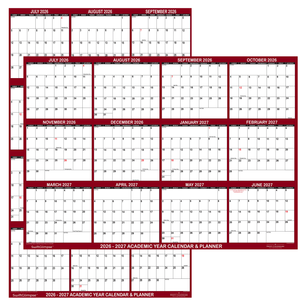 2026-2027 SwiftGlimpse Academic Monthly Wall Calendar, 36in x 24in, Maroon/White, July To June, Total Qty 1