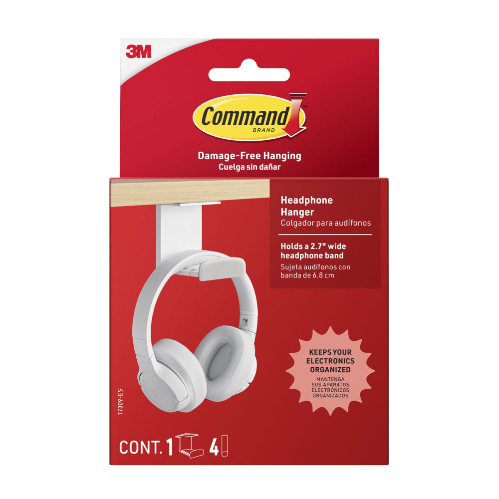 Command Headphone Hanger, 1 White Hook, 4 Large Strips, Great for Damage-Free Desk Organization with Headphones
