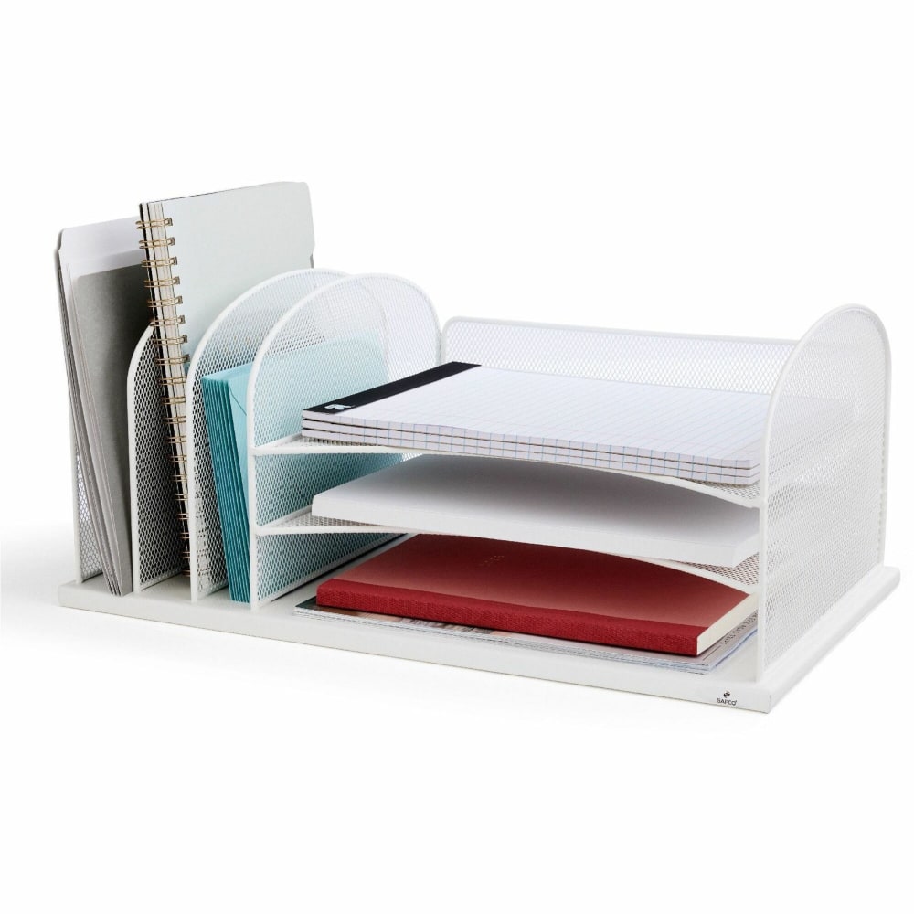 Safco Onyx 3 Tray/3 Upright Section Desk Organizer, 8.25inH x 19.50inW x 11.50inD, Desktop, White, Steel