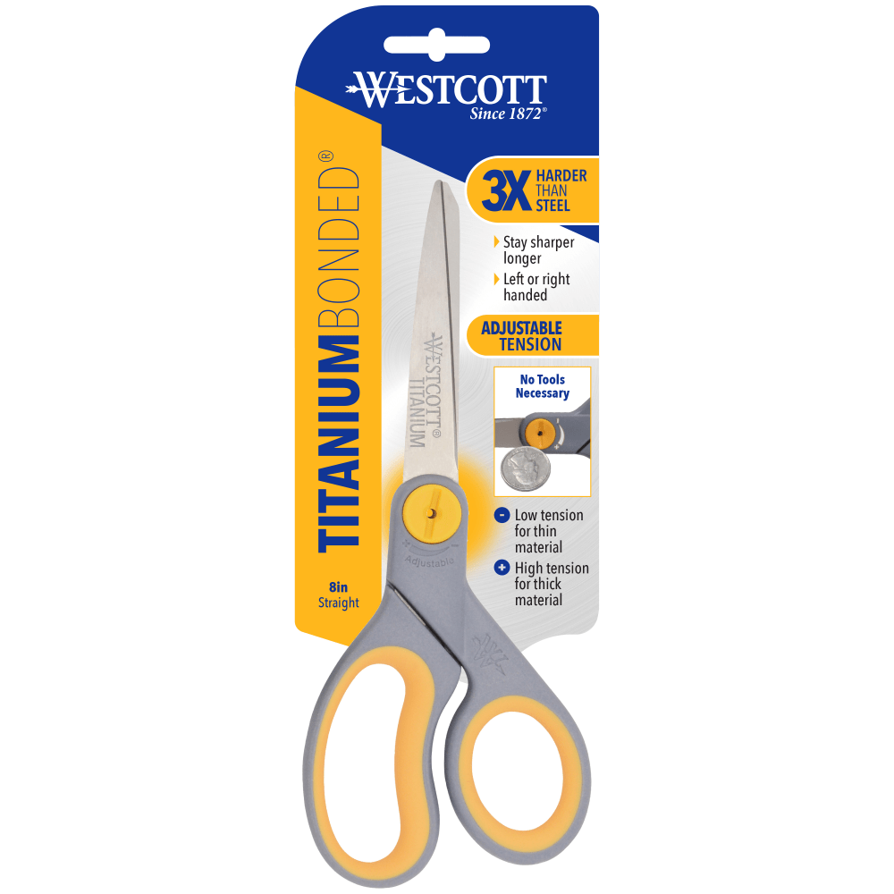 Westcott Titanium Bonded Scissors, 8in, Straight, Soft Handle, Adjustable Glide, Pointed, Gray/Yellow