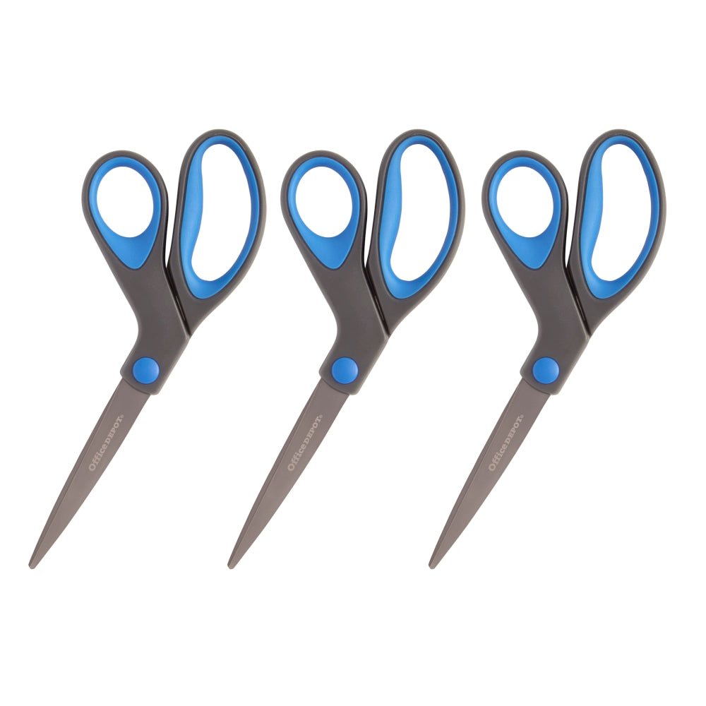 Office Depot Brand Titanium Coated Scissors, 8in, Bent, Dark Gray/Blue, Pack Of 3 Scissors