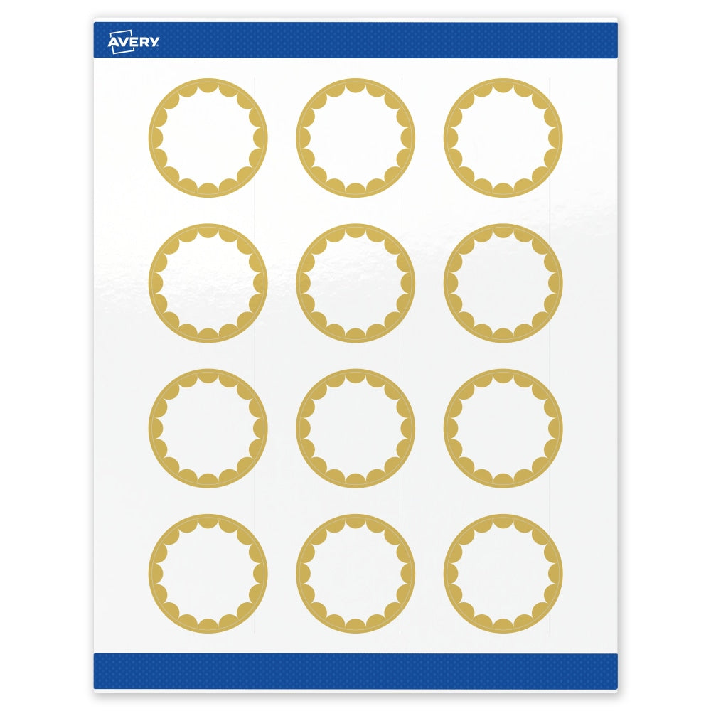 Avery Print-To-The-Edge Labels With Sure Feed Technology, S00-D1W-PRWGP10, Round, 2in, Glossy White, Preprinted Gold Dots Edge Design, Pack Of 120