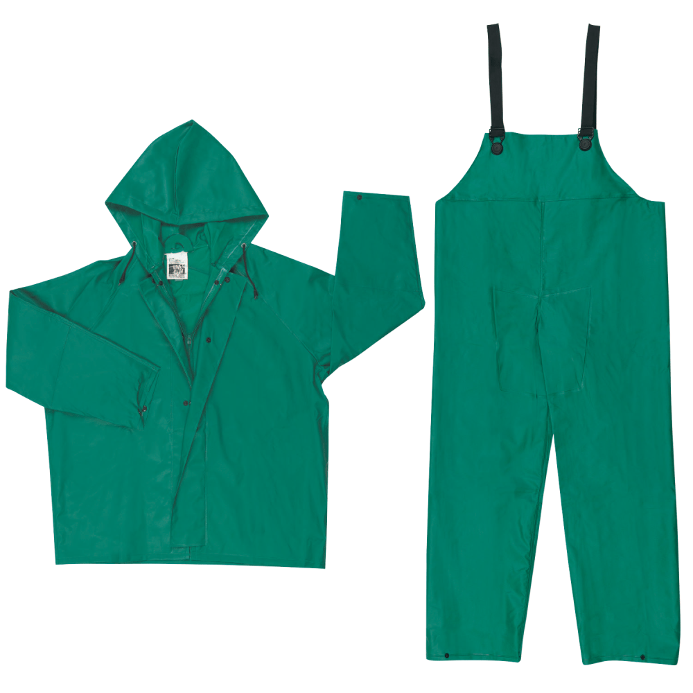 Two Piece Rain Suit, Jacket w/Hood, Bib Pants, 0.42 mm PVC/Poly, Green, 2X Large