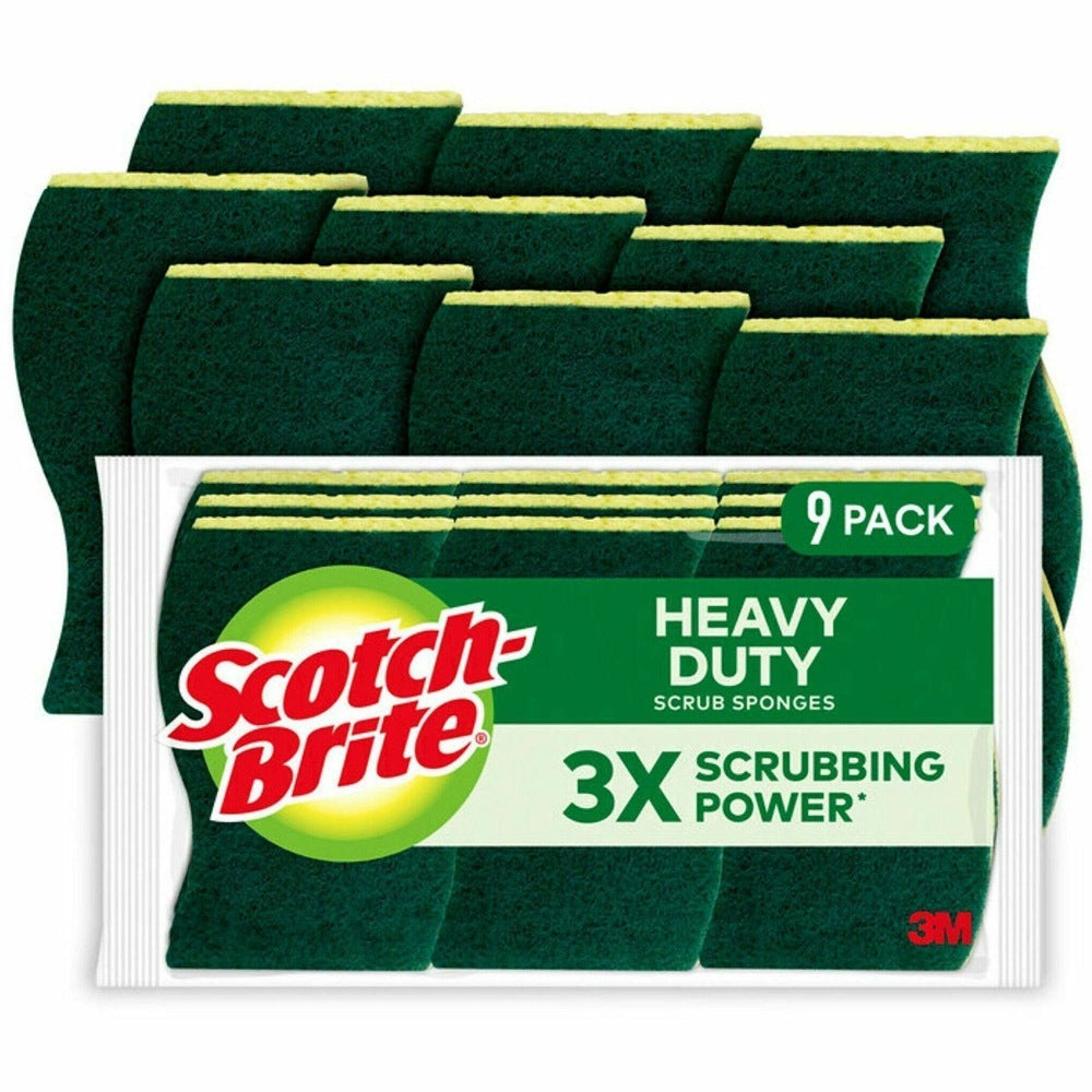 Scotch-Brite Heavy-Duty Scrub Sponges, 2.8inH x 4.5inW, 9 Pack, 5 / Carton, Yellow, Green
