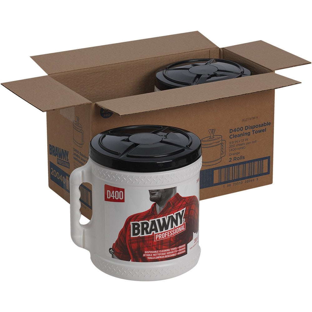 Brawny Professional D400 Disposable Cleaning Towels With Bucket - 9.90in Width x 13in Length - 200 Sheets/Roll - Orange - 2 / Carton