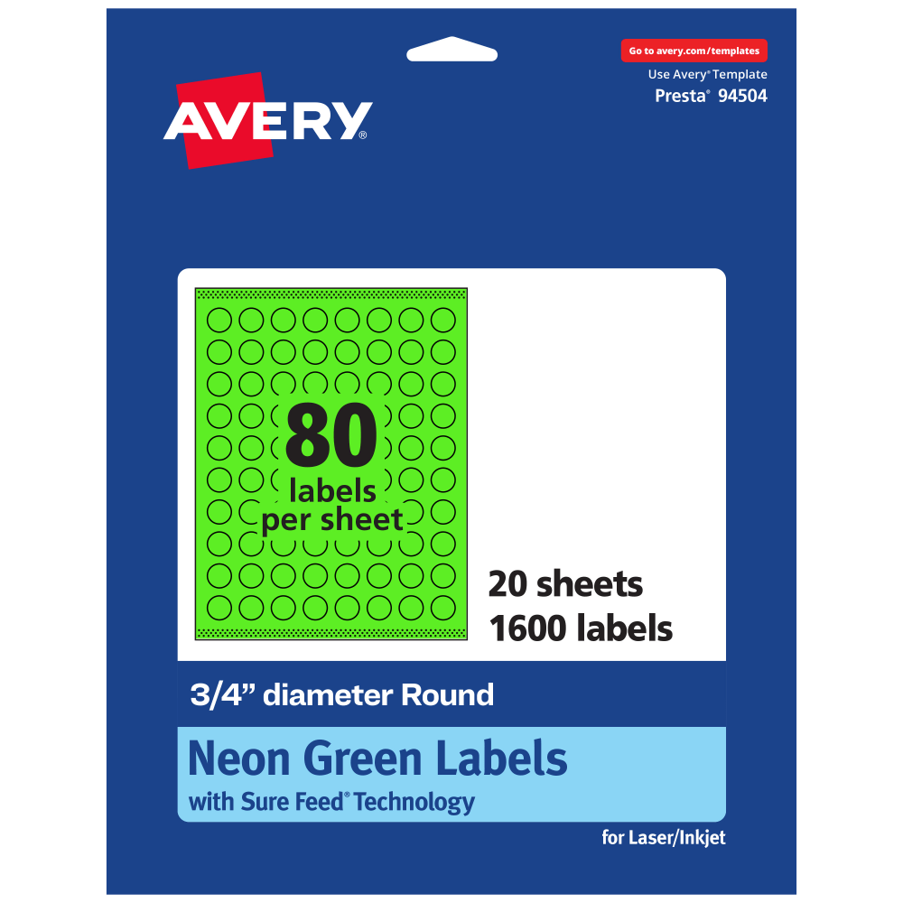 Avery Print-To-The-Edge Labels With Sure Feed Technology, 94504-NGP20, Round, 3/4in, Matte Neon Green, Pack of 1600