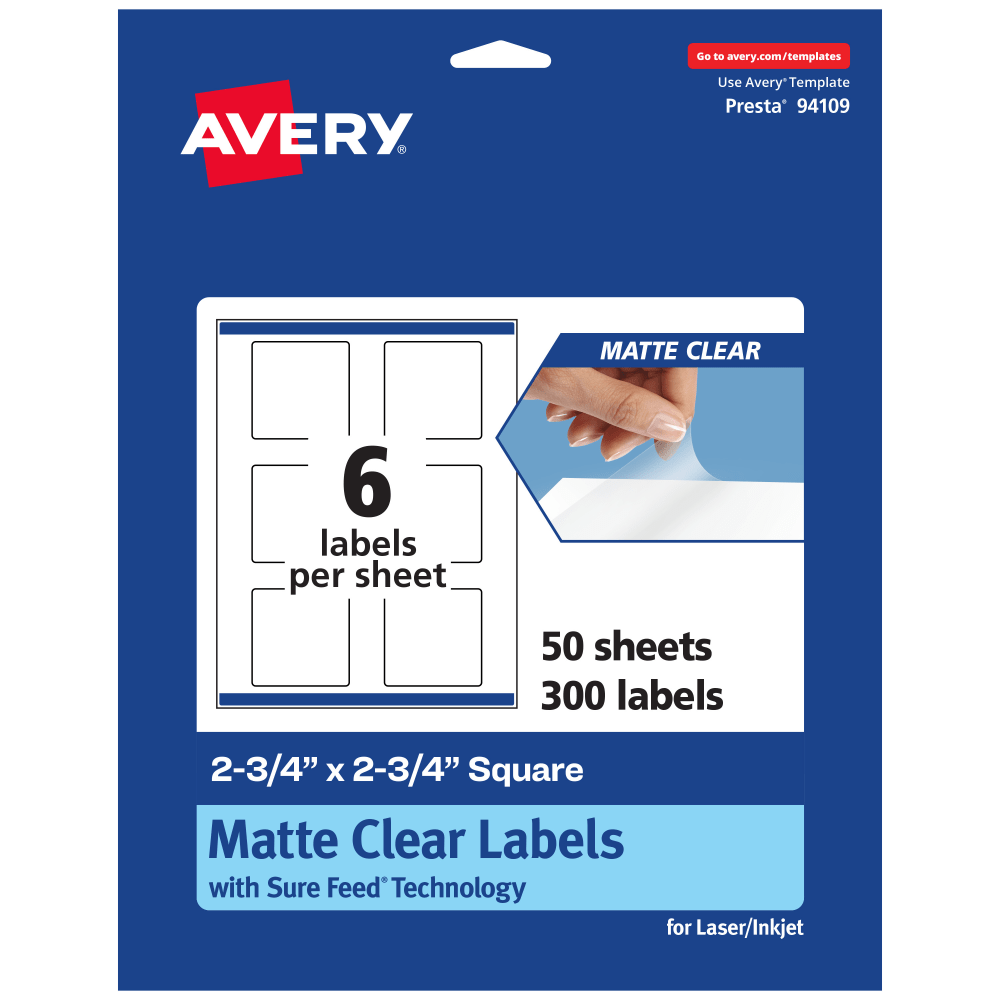 Avery Permanent Labels With Sure Feed, 94109-CMF50, Square, 2-3/4in x 2-3/4in, Matte Clear, Pack Of 300