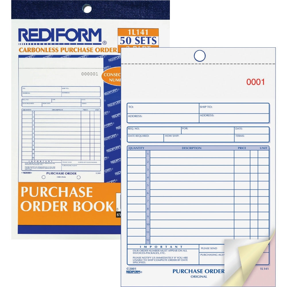 Rediform 3-Part Carbonless Purchase Order Book - 50 Sheet(s) - 3 Part - Carbonless Copy - 5.50inx7.87in Sheet Size - 1L141