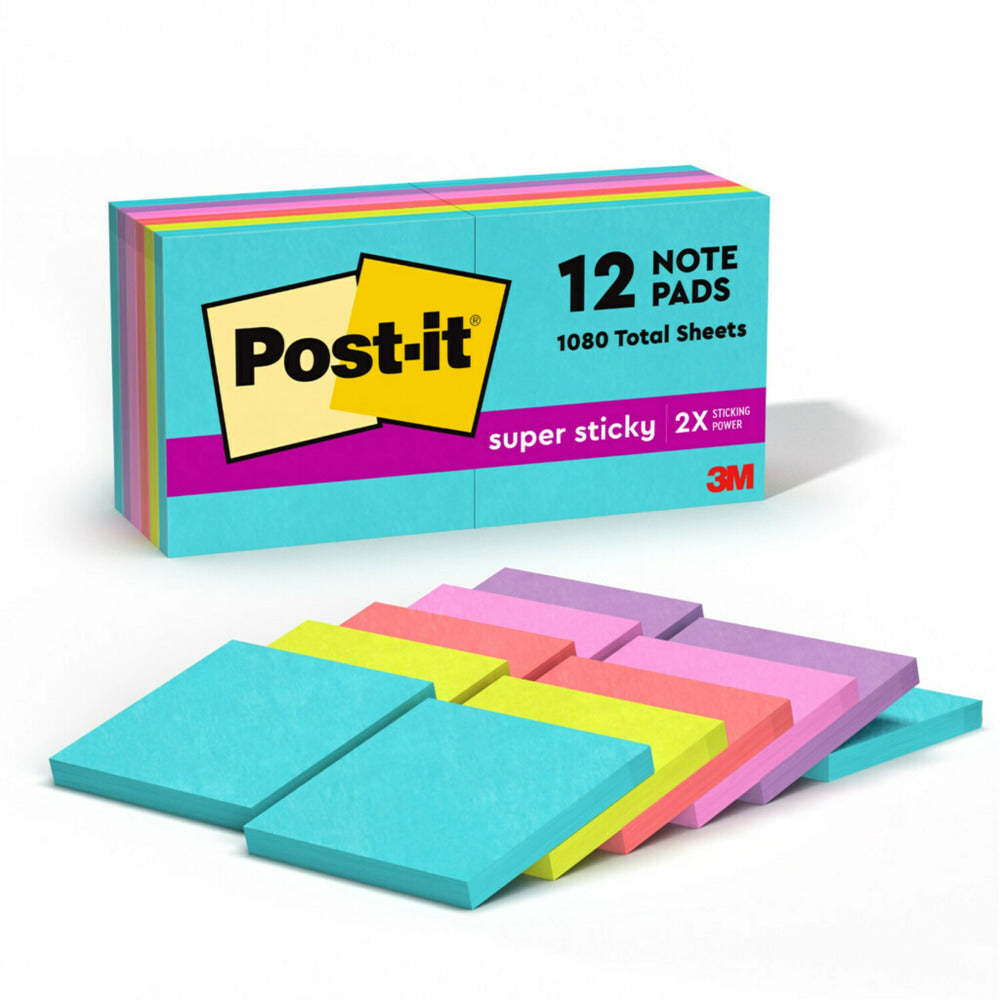 Post-it Super Sticky Notes, 3 x 3 in, 12 Sticky Note Pads, 2X the Sticking Power, School Supplies and Office Products, Supernova Neons