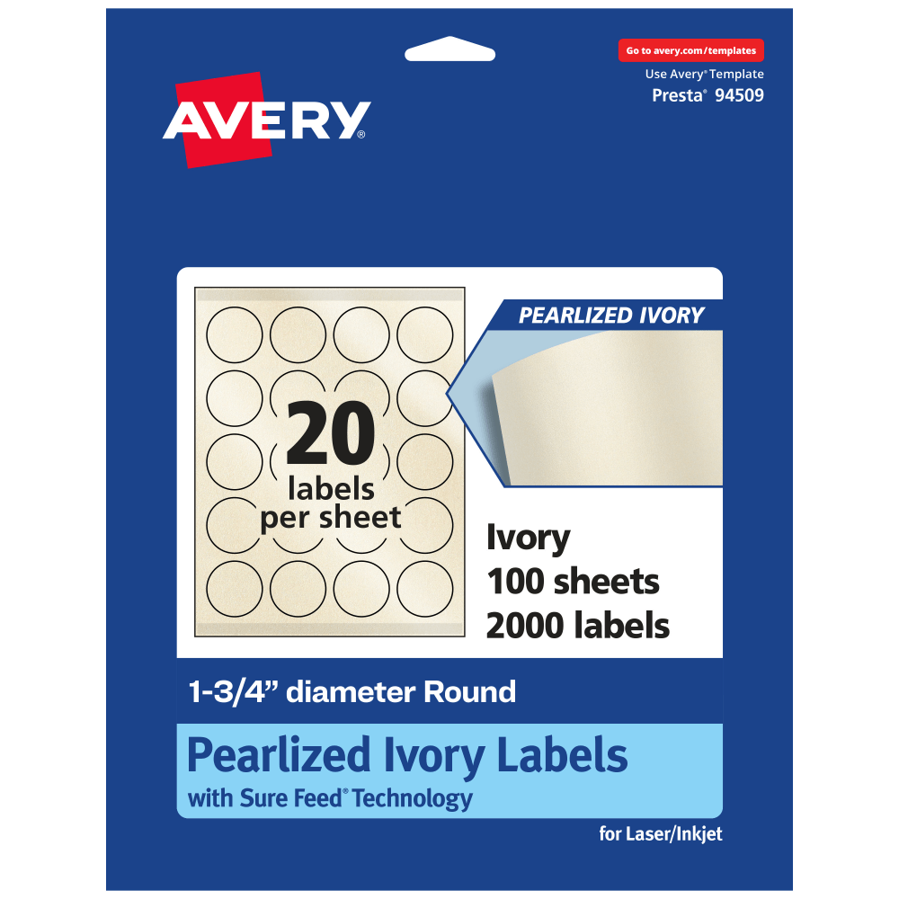 Avery Pearlized Permanent Labels With Sure Feed, 94509-PIP100, Round, 1-3/4in Diameter, Ivory, Pack Of 2,000 Labels