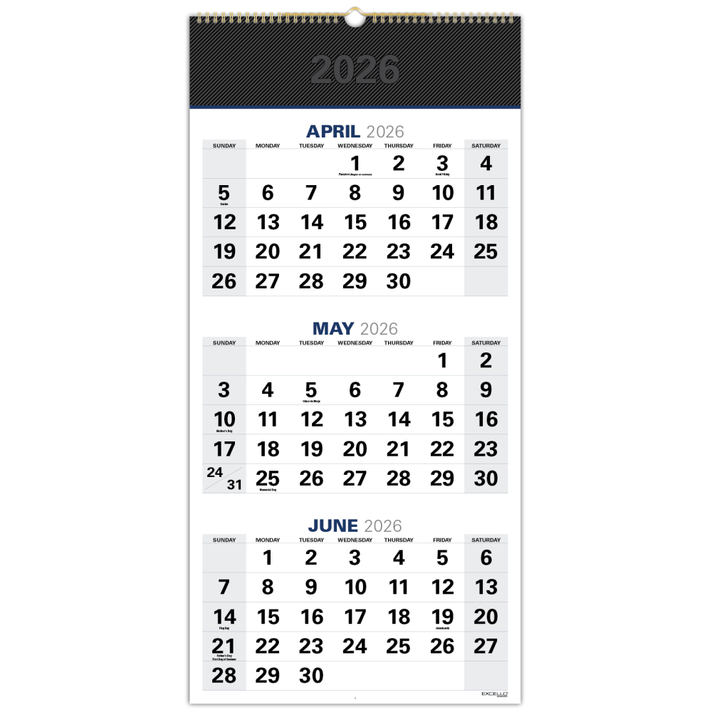 2026-2027 Excello Brands Academic Year Large Print 3-Month View Wall Calendar, 27in x 13in, Black, April To December, Total Qty 1