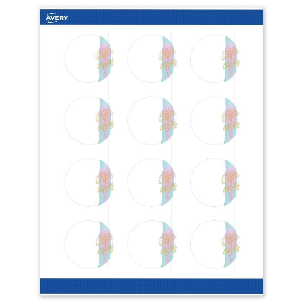 Avery Printable Labels With Sure Feed Technology, S00-EVF, Round, 2in, Matte White With Preprinted Watercolor/Gold Leaf Design, Pack Of 120