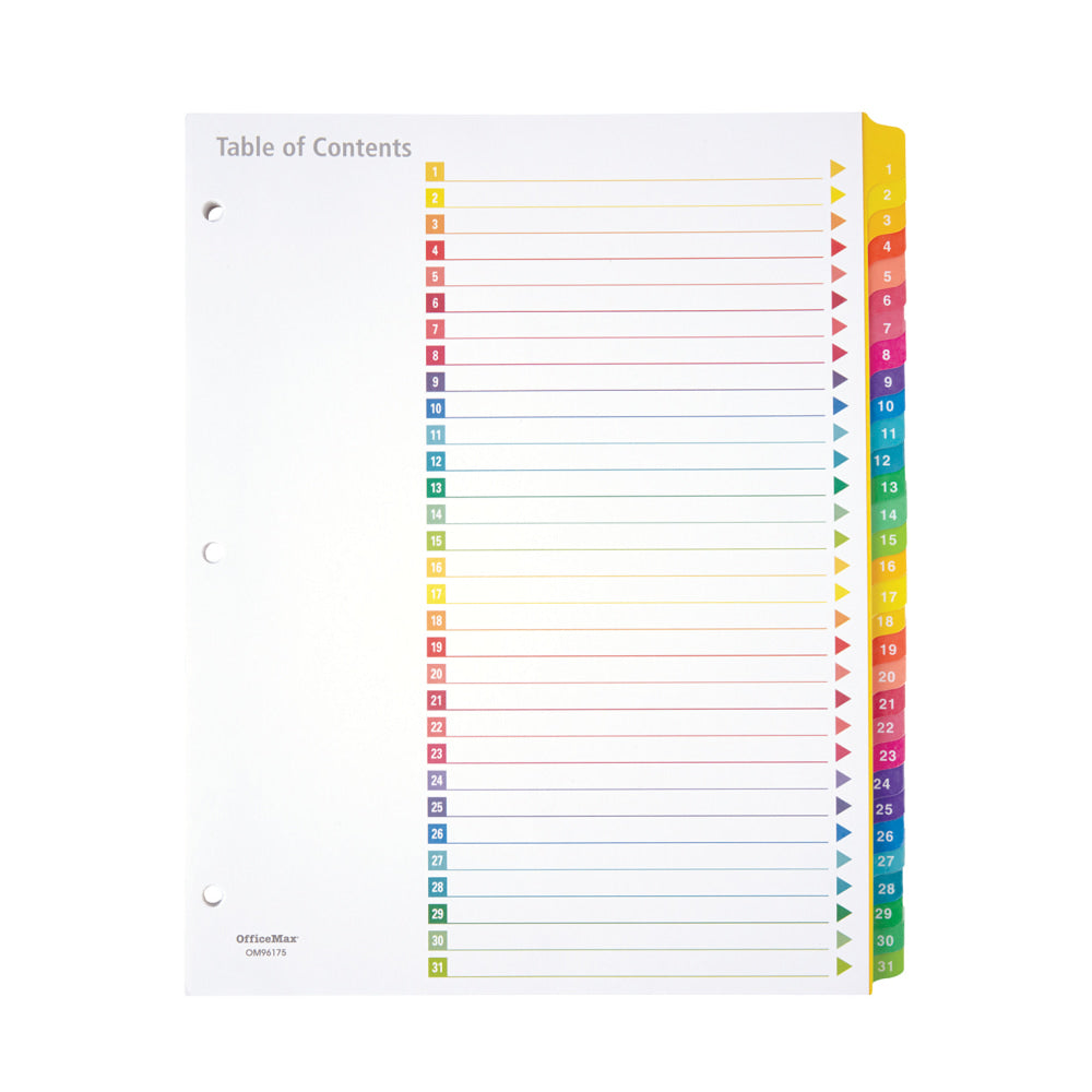 Office Depot Brand Table Of Contents Customizable Index With Preprinted Tabs, Multicolor, Numbered 1-31