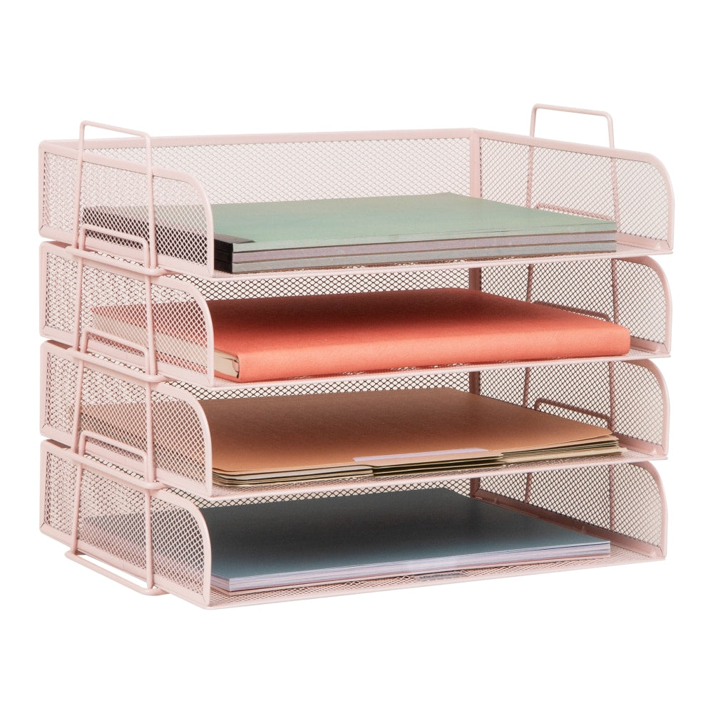 Mind Reader 4-Piece Stackable Paper Tray Desktop Organizer, 11-1/2inH x 9-3/4inW x 13-1/4inD, Pink