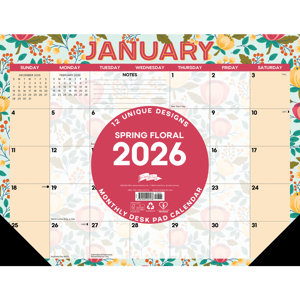 2026 Willow Creek Press Desk Pad Calendar, 22in x 17in, Spring Floral, January To December, 57278