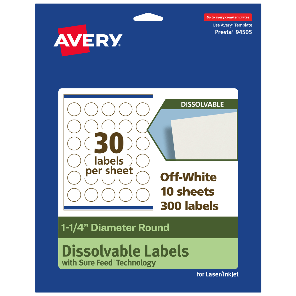 Avery Print-to-the-Edge Dissolvable Labels With Sure Feed Technology, 94505-DWMP10, Round, 1-1/4in, Matte Off-White, Pack Of 300