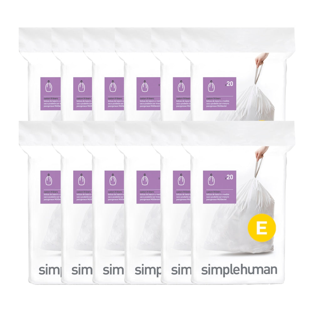 simplehuman Custom-Fit Trash Can Liners, Code E, 0.25-mil, 5.28 Gallons, 20in x 18 3/4in, White, Pack Of 240 Liners