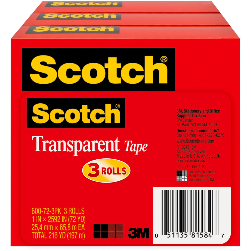 Scotch Transparent Tape, 1 x 2592 in, 3 Tape Rolls, Clear, Back to School Supplies, College Supplies, and Teacher Supplies