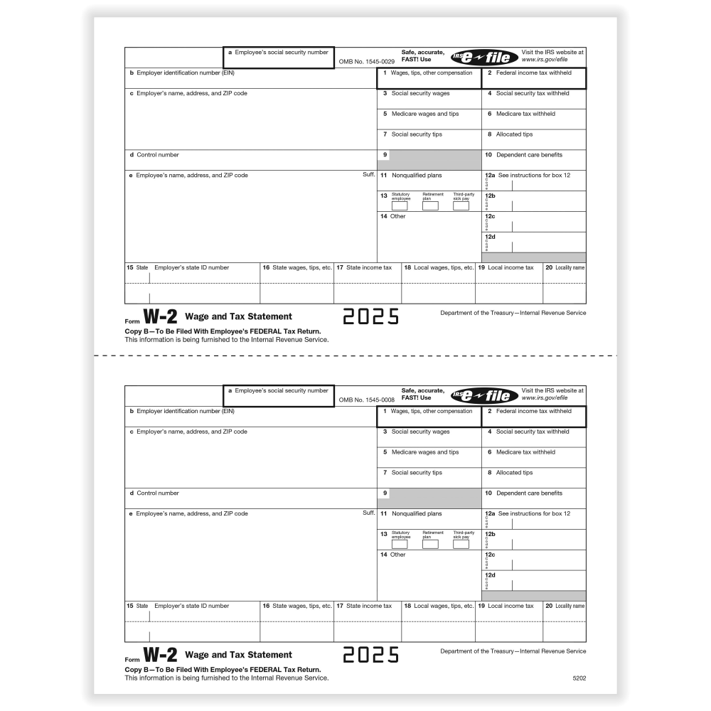ComplyRight W-2 Tax Forms, Employee's IRS Federal Copy B, 2-Up, 8-1/2in x 11in, Pack Of 100 Forms, 52025025