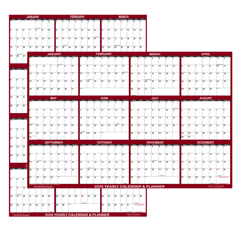 2026 SwiftGlimpse Yearly Reversible Erasable Wall Calendar, 32in x 48in, White/Maroon, January To December