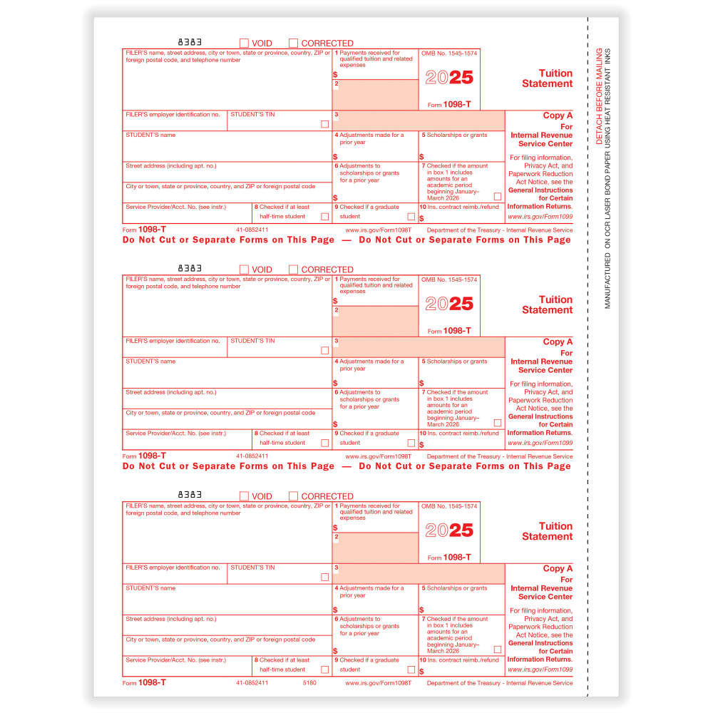 ComplyRight 1098-T Tax Forms, 3-Up, Federal Copy A, Laser, 8-1/2in x 11in, Pack Of 150 Forms, 51805025