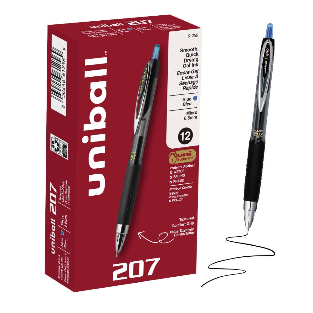 uniball 207 Retractable Gel Pens, 0.5mm Micro Point, Blue Ink, 12 Count