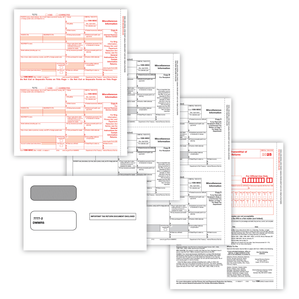 ComplyRight 1099-MISC Tax Forms Set, 3-Part, 2-Up, Copies A, B, State/File, 8-1/2in x 11in, Pack Of 50 Forms And Envelopes, 6102E25