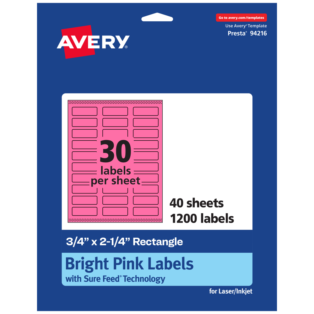 Avery Print-To-The-Edge Labels With Sure Feed Technology And Easy Peel, 94216-BPP40, Rectangle, 3/4in x 2-1/4in, Matte Bright Pink, Pack of 1200