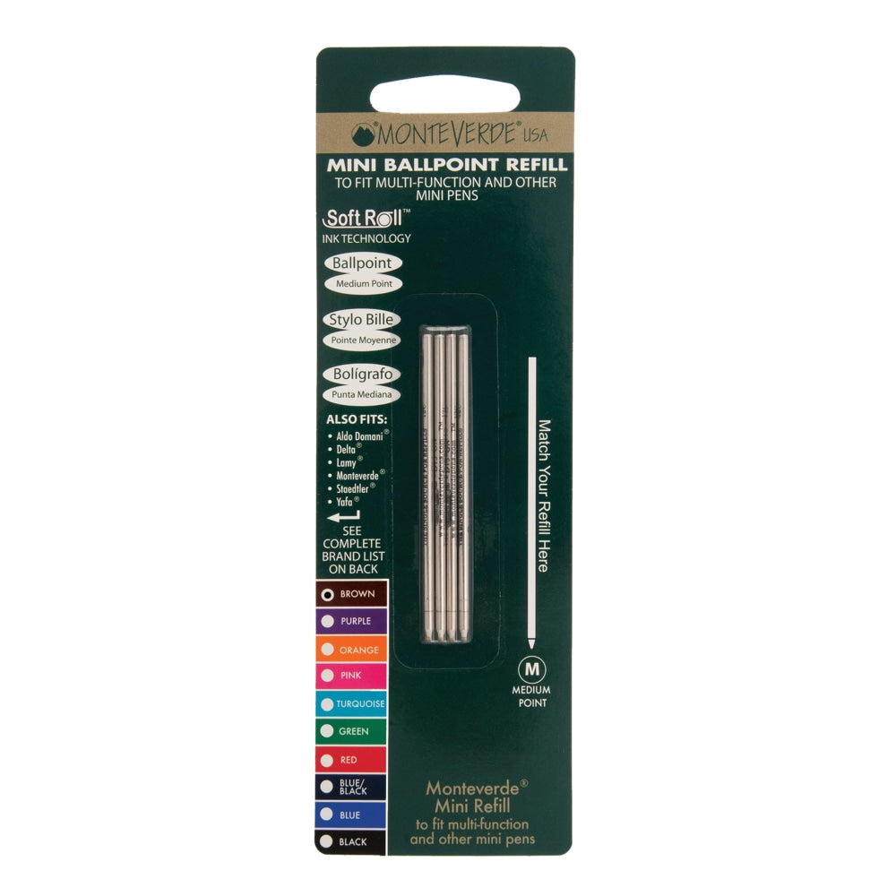 Monteverde Mini Ballpoint Pen Refills, Medium Point, 0.7 mm, Brown Ink, Pack Of 4