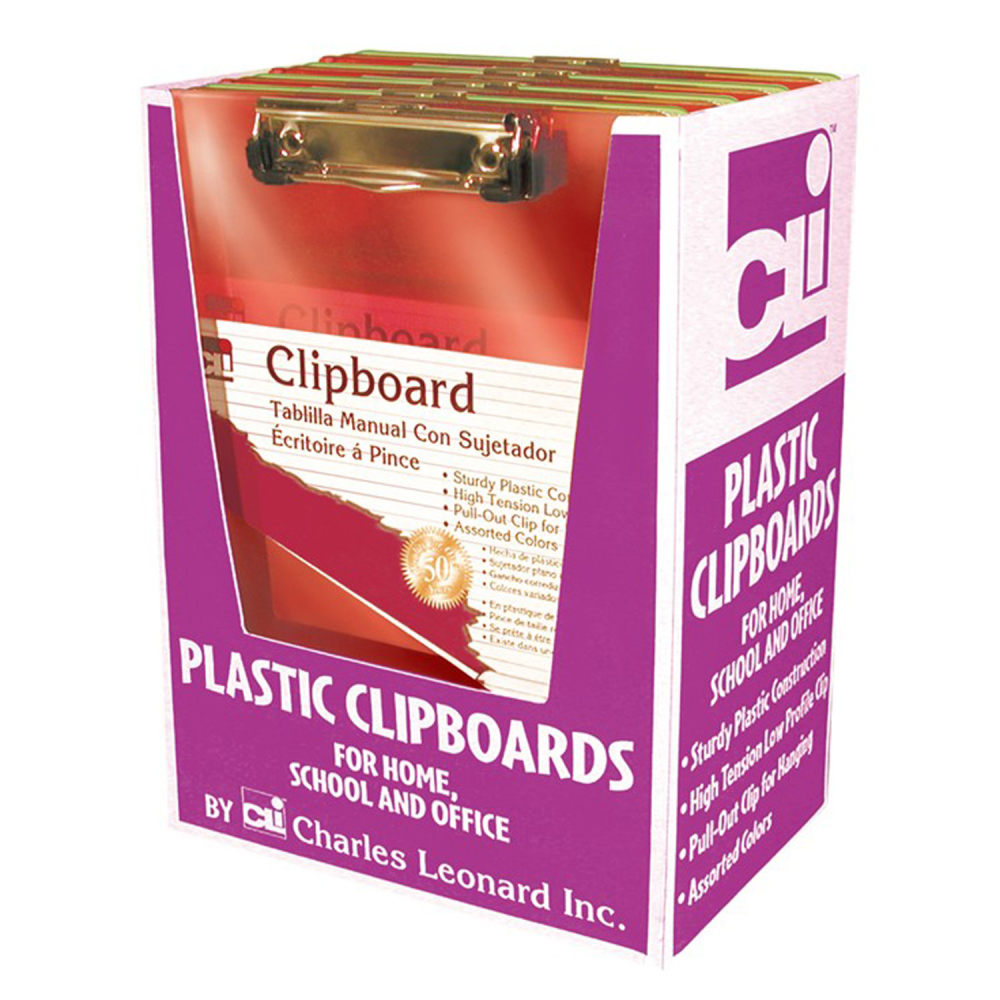 Charles Leonard Transparent Plastic Clipboard With Low Profile Clip and Pull Out Hook, Letter Size, Assorted Neon Colors, Pack Of 12