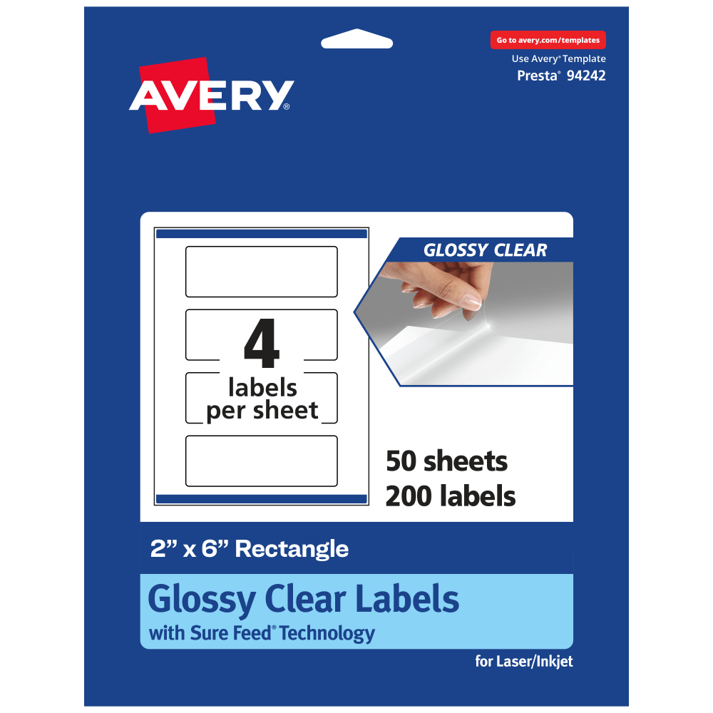 Avery Glossy Permanent Labels With Sure Feed, 94242-CGF50, Rectangle, 2in x 6in, Clear, Pack Of 200