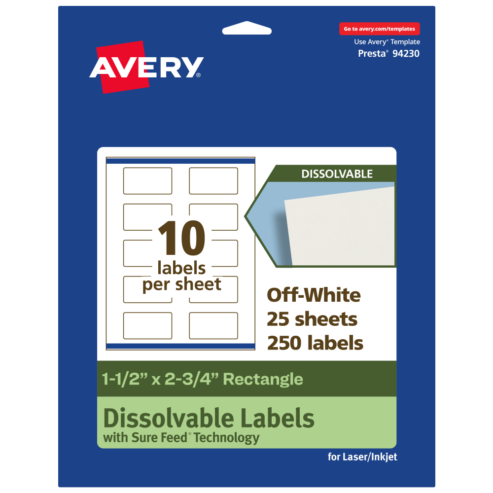 Avery Print-to-the-Edge Dissolvable Labels With Sure Feed Technology, 94230-DWMP25, Rectangle, 1-1/2inx2-3/4in, Matte Off-White, Pack Of 250