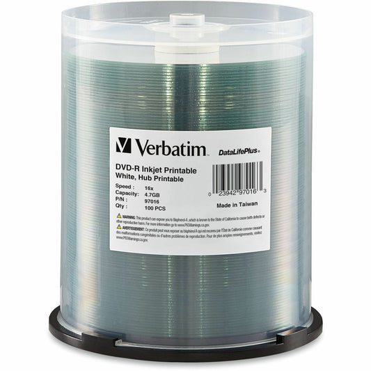 Verbatim DVD-R Printable Disc Spindle, White, Pack Of 100