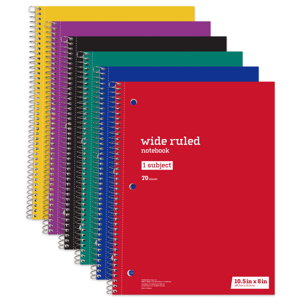 Just Basics Spiral Notebook, 8in x 10-1/2in, Wide Ruled, 70 Sheets, Assorted Colors, Pack Of 6 Notebooks