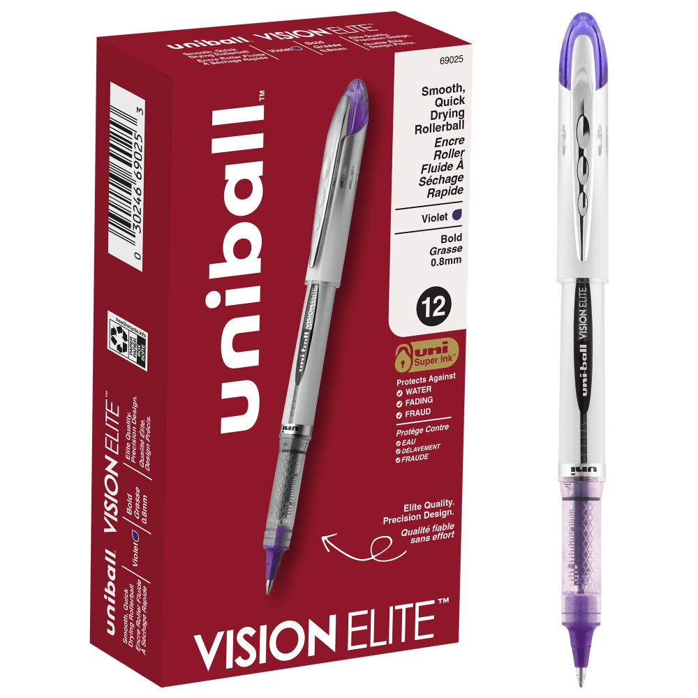 uniball Vision Elite Rollerball Pens, Bold Point (0.8mm), Violet, 12 Count