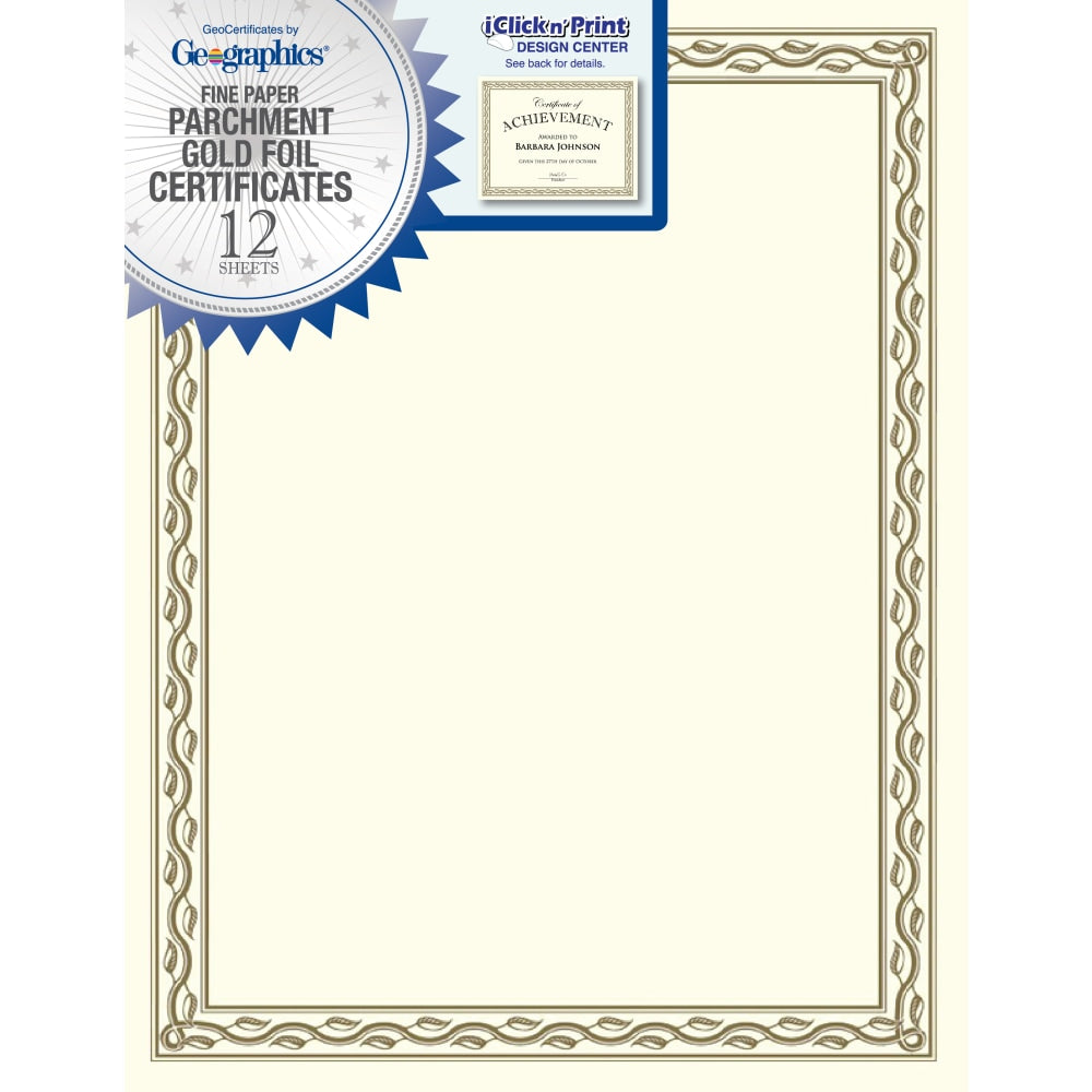 Geographics Parchment Certificates, 8-1/2in x 11in, Serpentine Gold Foil, Pack Of 12