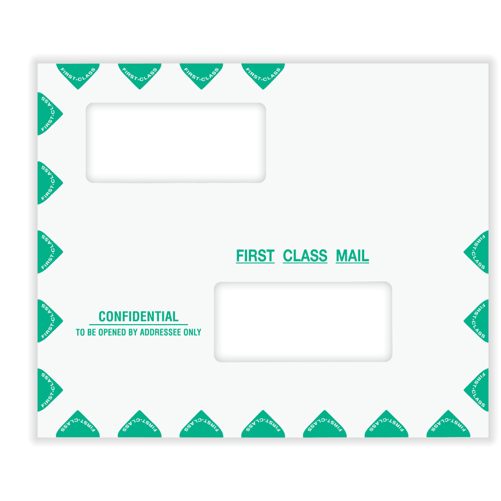 ComplyRight First Class Double Window Tax Mailer Envelope, Offset Windows, White/Green, Self-Seal, 9-1/2in x 11-1/2in, Pack of 50 - PEV22