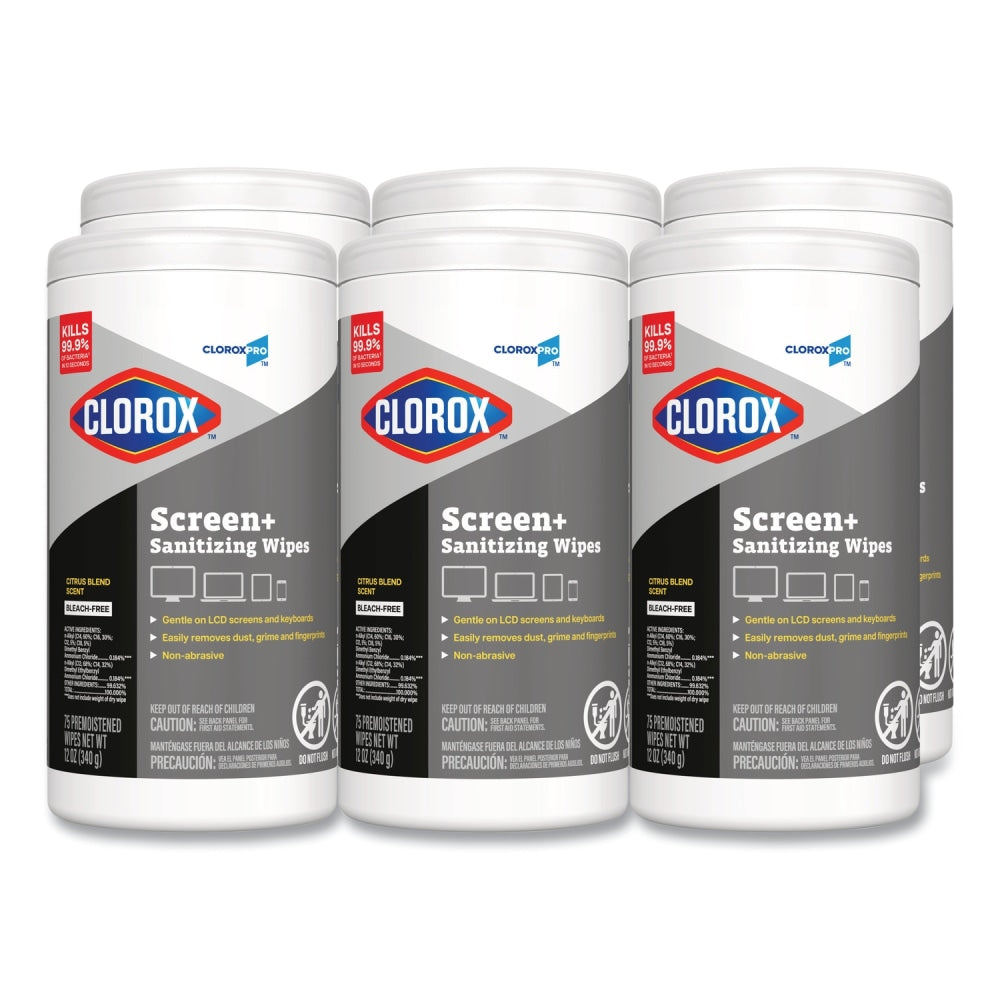 CloroxPro ScreenPlus Screen Sanitizing Wipes, 6x8, Citrus Blend, 75/Canister, 6 Canisters/CT