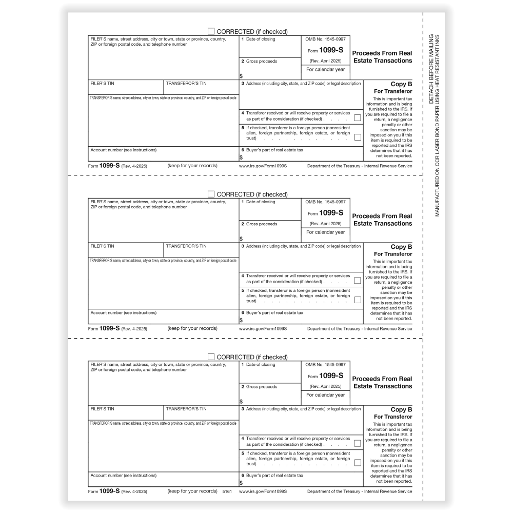ComplyRight 1099-S Tax Forms, Transfer or Copy B, 3-Up, 8-1/2in x 11in, Pack Of 150 Forms