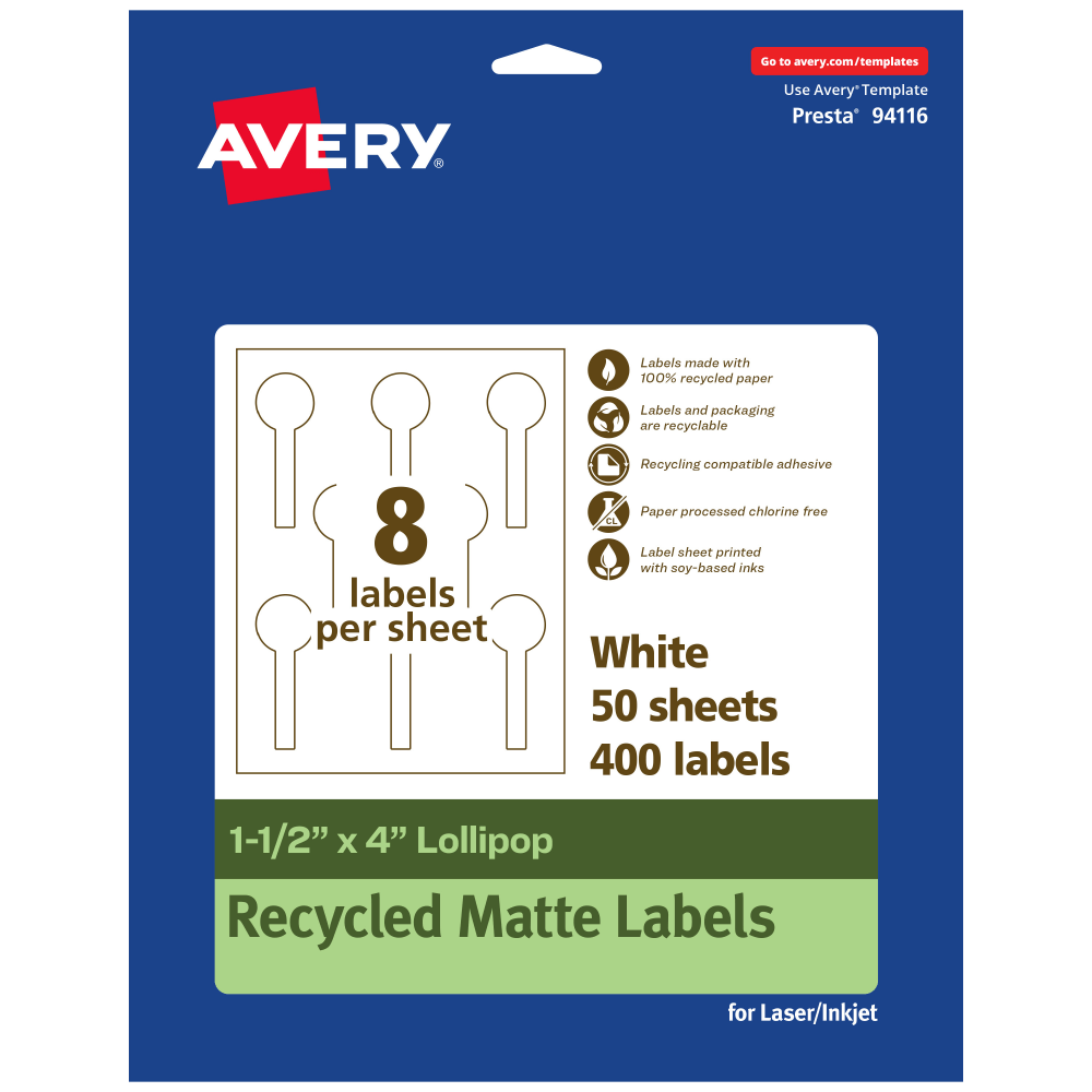 Avery Recycled Paper Labels, 94116-EWMP50, Lollipop, 1-1/2in x 4in, White, Pack Of 400