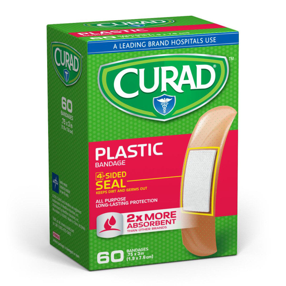 CURAD Plastic Adhesive Bandages, 3/4in x 3in, Tan, Case Of 48