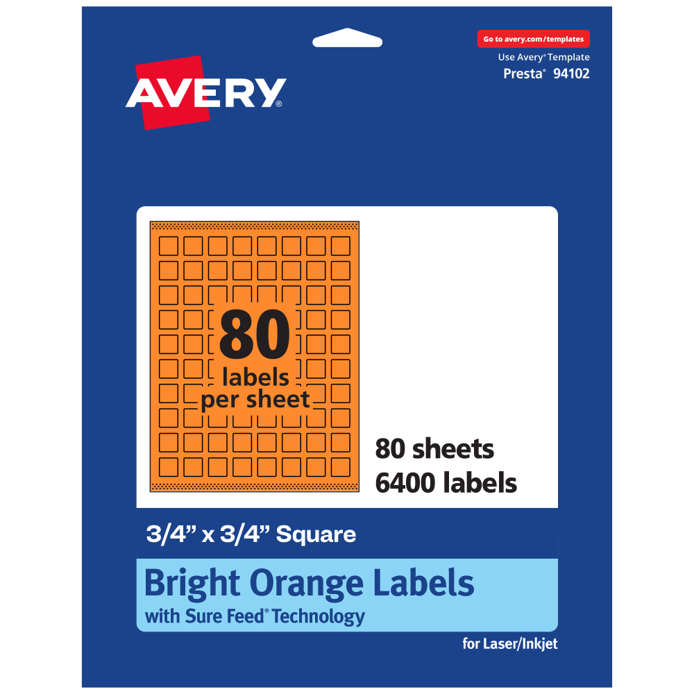 Avery Print-To-The-Edge Labels With Sure Feed Technology And Easy Peel, 94102-BOP80, Square, 3/4in x 3/4in, Matte Bright Orange, Pack of 6400